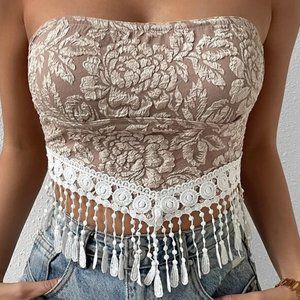 Beige - Jacquard Sleeveless Cotton Crop Top